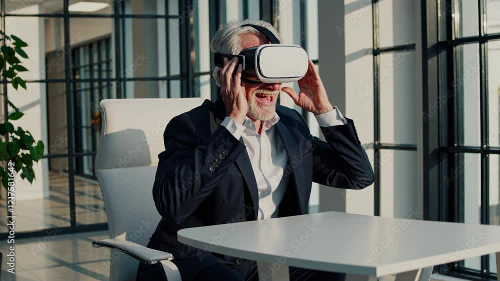 Poster senior professional explores virtual reality in modern office setting showing excitement and engagem