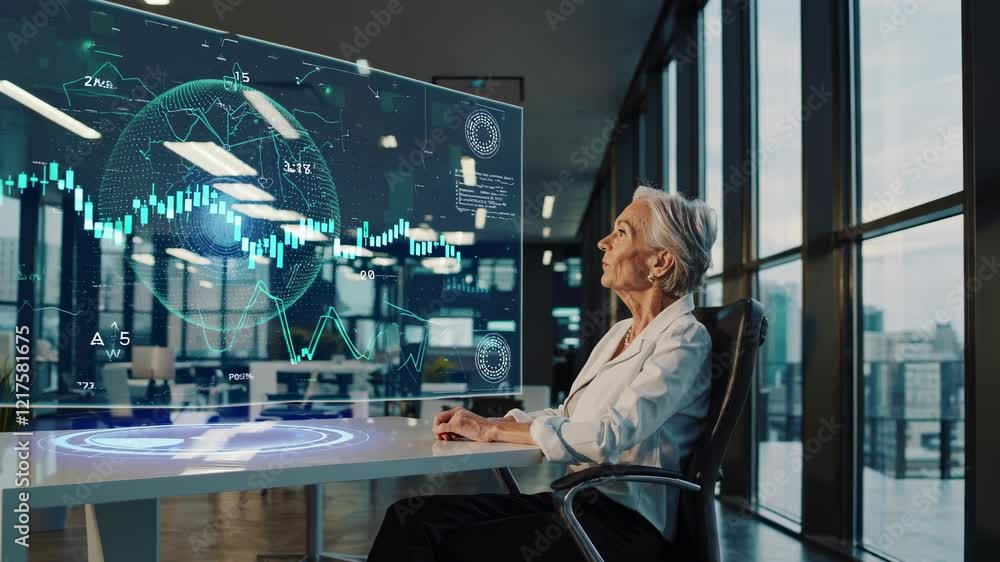 Aufkleber Professional woman analyzes data in a modern office environment with virtual charts and graphs