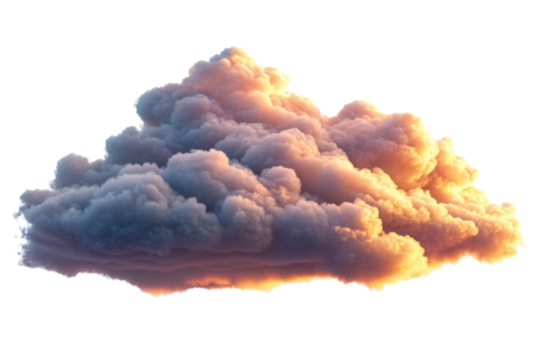 A soft cloud with warm sunset tones of pink, orange, and gold, fully isolated PNG transparent.