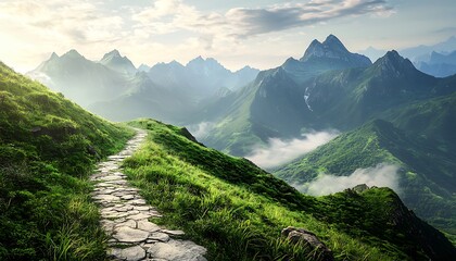 A scenic stone path winds through lush green mountain slopes, leading to dramatic peaks under a bright, partly cloudy sky with mist lingering in the valleys.