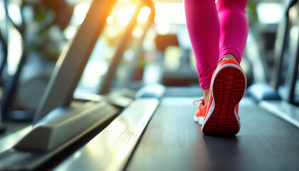 Exercising on a treadmill during sunset in a modern fitness center with vibrant colors and dynamic lighting