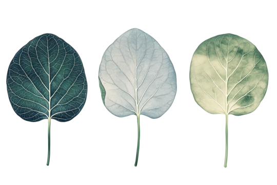 A collection of three vine leaves in deep green tones PNG transparent.