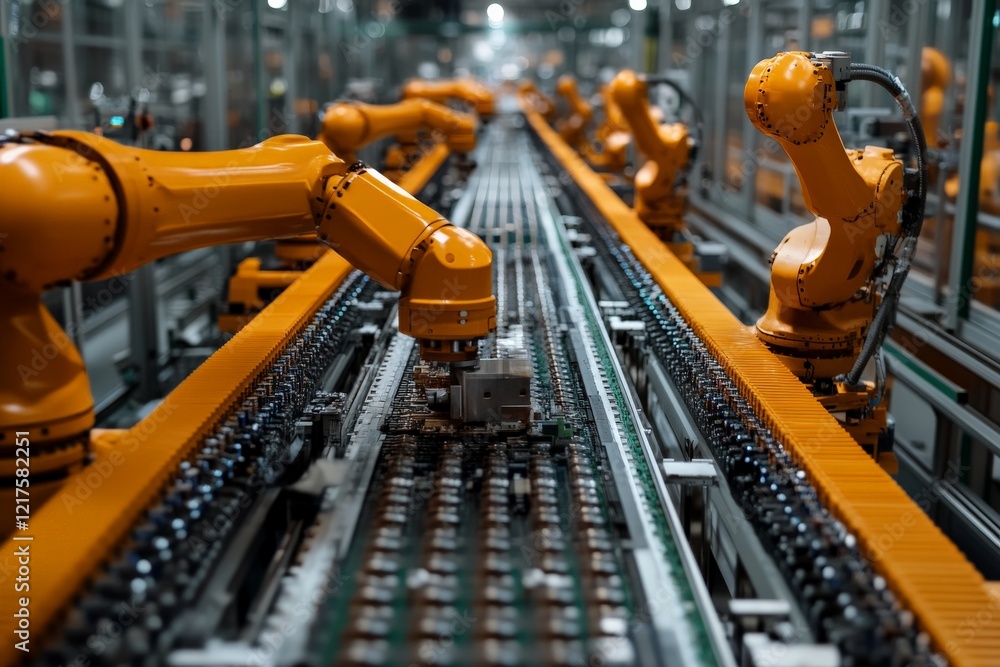 Poster advanced automation in a modern manufacturing facility with robotic arms assembling products on conv