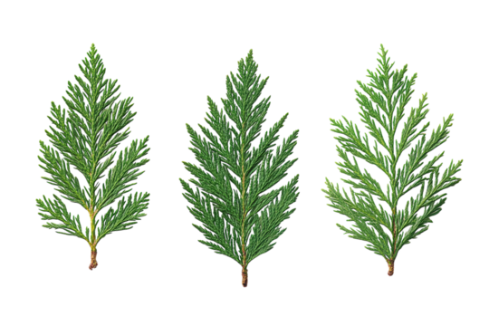 A collection of three cedar leaves with pointed tips PNG transparent.
