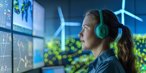 A female engineer wearing headphones monitors renewable energy systems on multiple screens in a control room, focusing on data analysis for sustainable power solutions from wind turbines