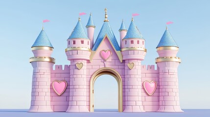 Whimsical pink castle with golden accents and heart details on a clear blue background