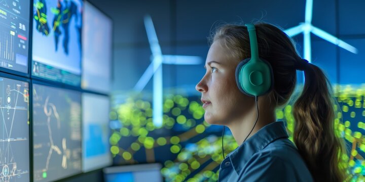 A female engineer wearing headphones monitors renewable energy systems on multiple screens in a control room, focusing on data analysis for sustainable power solutions from wind turbines - Powered by Adobe