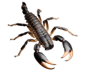 A black scorpion with its pincers extended, fully isolated PNG transparent.