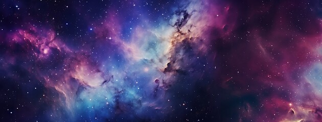 A stunning cosmic nebula with vivid shades of purple, blue, and pink, featuring glowing interstellar clouds and scattered stars across the vastness of deep space. Web banner