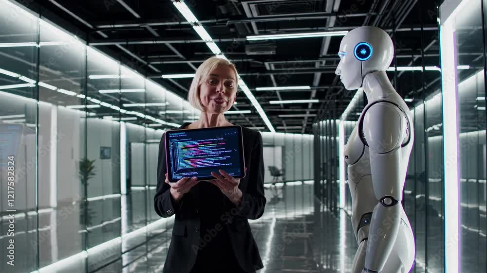 Leinwandbilder robotic assistant interacts with human in futuristic office setting showcasing advanced technology a