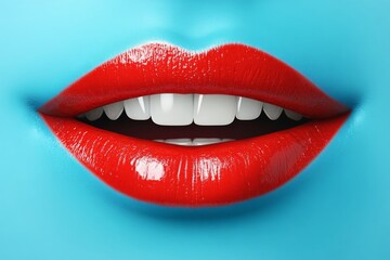 Bright red lips shine against a turquoise background, capturing a bold and lively aesthetic in contemporary art