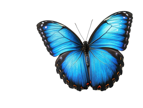 A blue morpho butterfly with its wings fully extended PNG transparent.