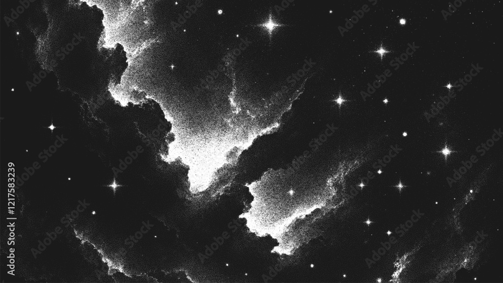 Poster Deep space scene background in stippling style with glowing stars cluster and mesmerizing huge nebula as stellar nursery where stars are born. Dotwork. Pointillism. Noisy shading using dots. Vector