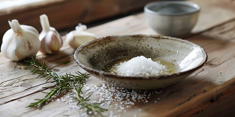 Rustic Kitchen with Garlic, Rosemary, Salt, and Metal Cup on Wooden Surface
