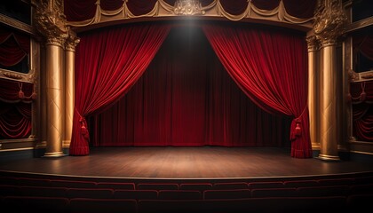 A grand theater stage with elegant red curtains and golden decorative pillars, illuminated under dramatic lighting, creating an atmosphere of anticipation.
