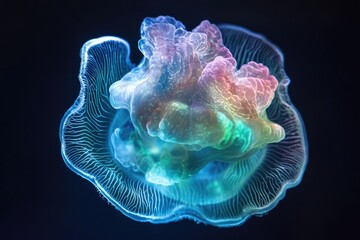 A mesmerizing jellyfish, iridescent with vibrant blues, greens, and pinks, floats gracefully in the dark ocean depths.