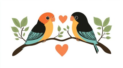 Fototapeta premium Two colorful birds perched together, expressing love and harmony.