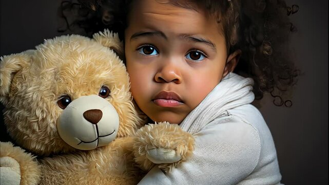 A tender moment of a child embracing a fluffy teddy bear while reflecting emotions in a cozy indoor setting