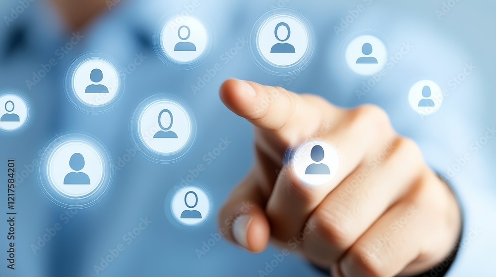 Poster finger activating a touch screen button, closeup view of humancomputer interaction in modern technol
