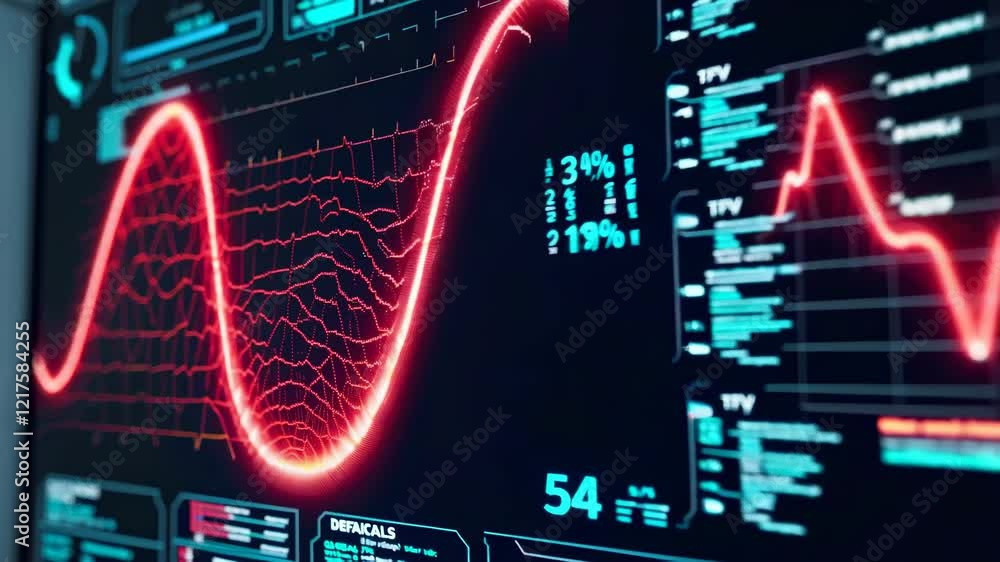 Poster advanced monitoring system shows data analysis in futuristic control room setting with detailed grap