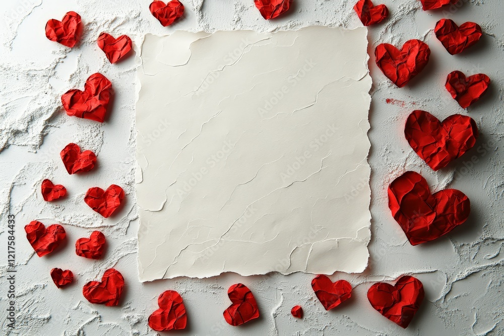 Poster crafting a romantic message with heart-shaped paper and a blank canvas in a warm atmosphere