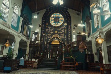 Obraz premium Synagogue Interior, ornate architecture, religious ceremony, peaceful atmosphere, spiritual reflection, stock photo