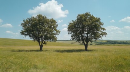Two solitary trees stand gracefully in the middle of a vibrant green meadow, their branches reaching toward a bright blue summer sky.