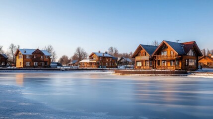 Winter lakefront cabins, snowy landscape, sunrise
