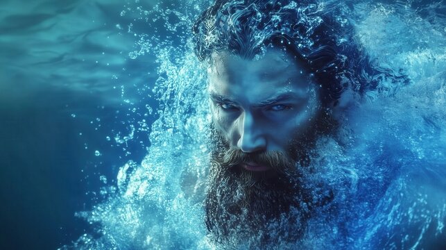 A powerful, godlike figure representing Aquarius rises from the ocean, surrounded by cascading waves.