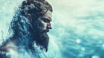 A powerful, godlike figure representing Aquarius rises from the ocean, surrounded by cascading waves.