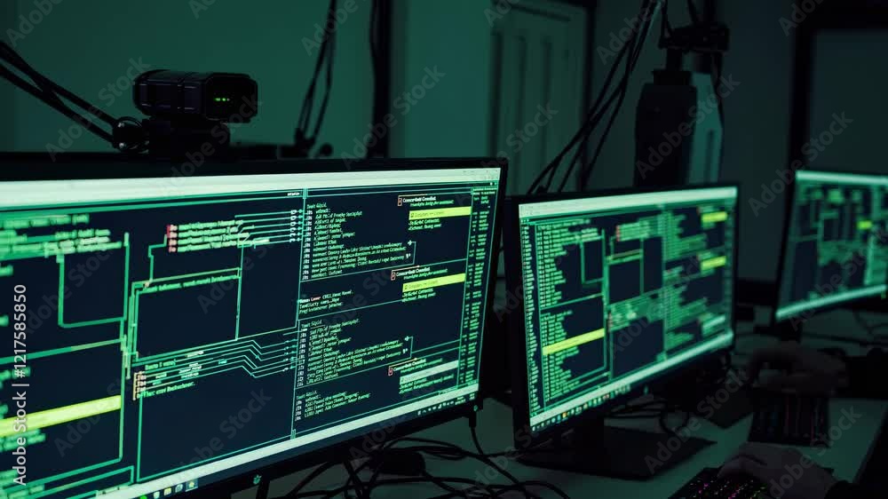 Poster exploring advanced coding techniques in a tech lab during late-night programming sessions