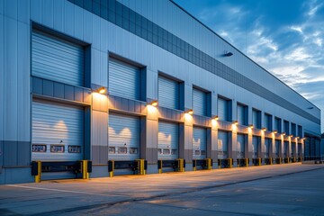 A modern industrial warehouse featuring loading docks illuminated in the evening. The exterior is designed with modern architecture, catering to logistics and transportation needs