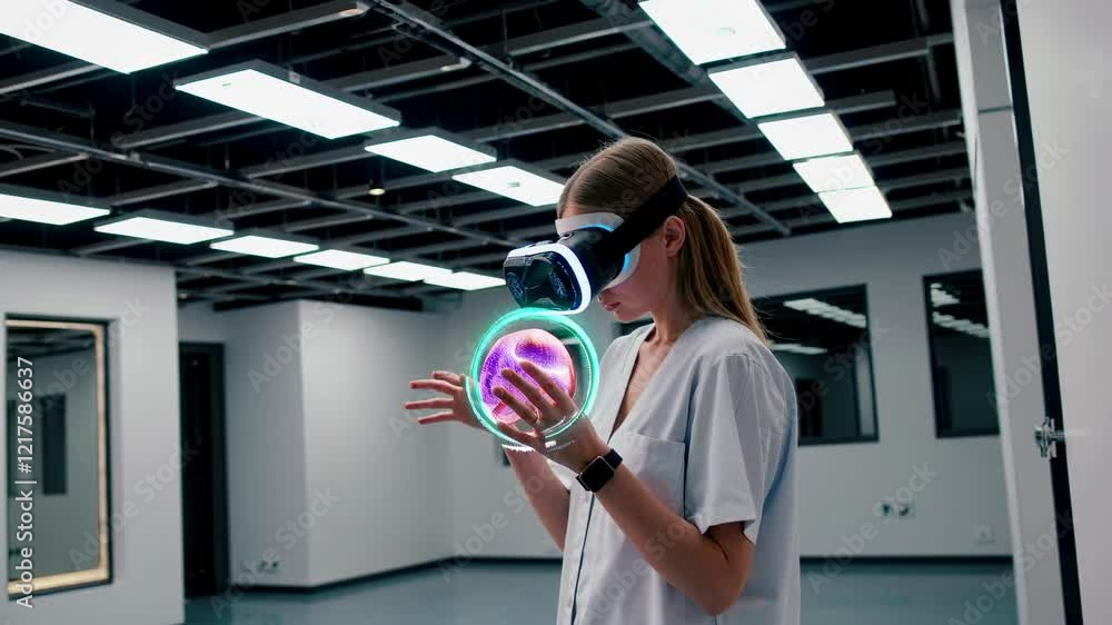 Poster exploring virtual reality technology with an interactive hologram experience in a modern lab environ