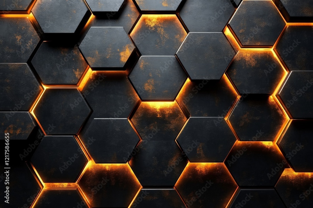 Poster hexagonal pattern with glowing edges in dark tones showcasing modern design elements