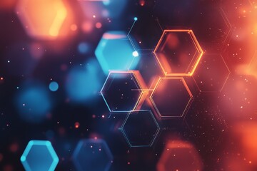 Abstract geometric shapes with glowing hexagons in vibrant colors create a digital background design suitable for technology themes