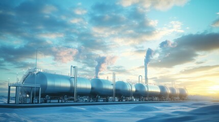 Obraz premium Advanced hydrogen storage systems, featuring cryogenic tanks and high-pressure cylinders for safe and efficient energy distribution