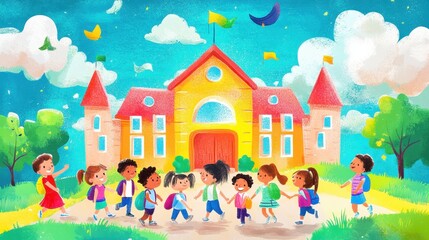 Happy Children Walking to Their Castle School