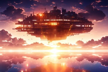 Fototapeta premium Futuristic City Floating Above Sunset Cloudscape