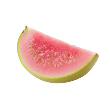 Fresh pink guava slice isolated on a clean transparent background showcasing its vibrant color and juicy texture, slice pink guava isolated on transparent background
