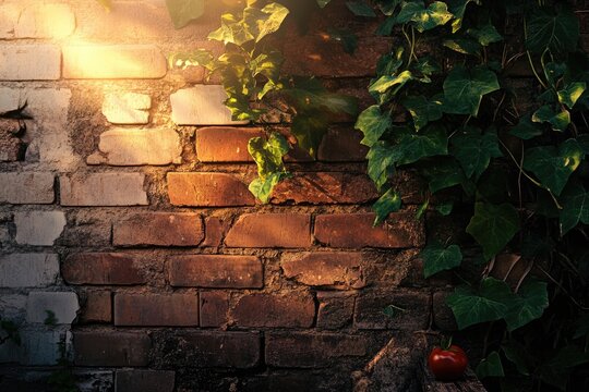 Sunlit brick wall, partially covered with lush green ivy, and a single ripe tomato rests at the base.