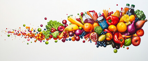Vibrant Assortment of Fruits and Vegetables on a White Background, top view