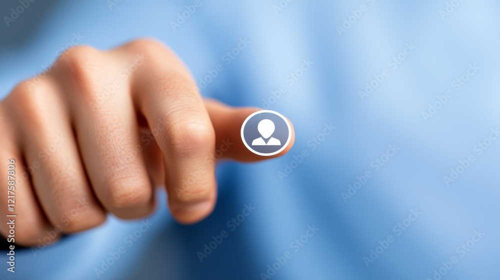 Poster human finger activating a button with person icon, digital interaction and user interface