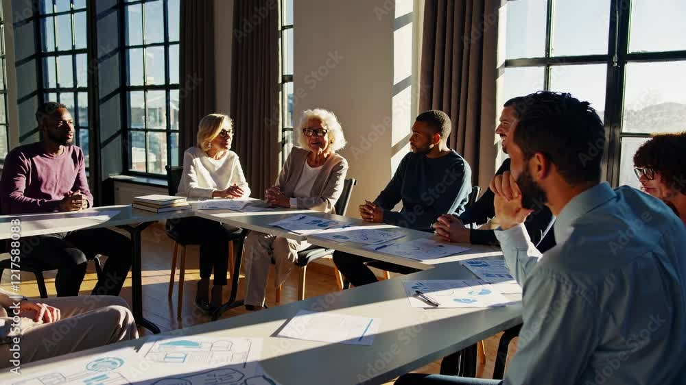 Aufkleber group of diverse individuals engaged in a collaborative discussion during a meeting in a sunny offic
