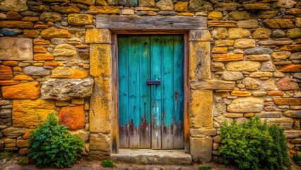 Rustic stone house, ancient wooden doors, perfectly framed by the rule of thirds.
