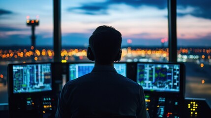 An aviation control tower staff member overseeing airport operations, using advanced radar systems and real-time data screens