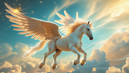 Graceful Pegasus in an Ethereal Sky – A Majestic Celestial Horse with a Shimmering White Coat, Silken Mane, and Feathery Wings Soars Amidst Radiant Golden Light, Wispy Clouds, and Soft Blue Tones, Ins