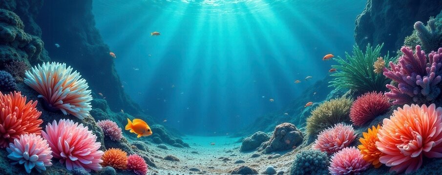 Fondo azul marino con peces, conchas, y algas, colores del mar, conchas, vida marina