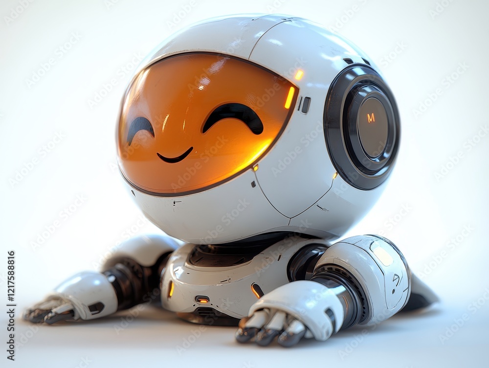Poster a cute, futuristic robot with a smiling face and friendly demeanor.