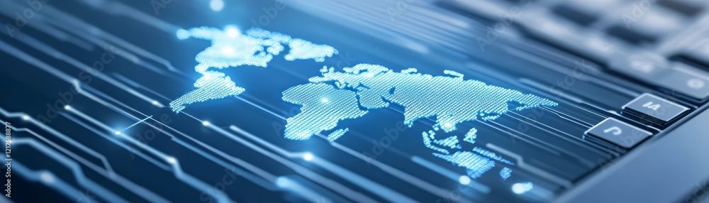 Aufkleber world map on computer screen, exploring global connectivity and digital access in the modern era