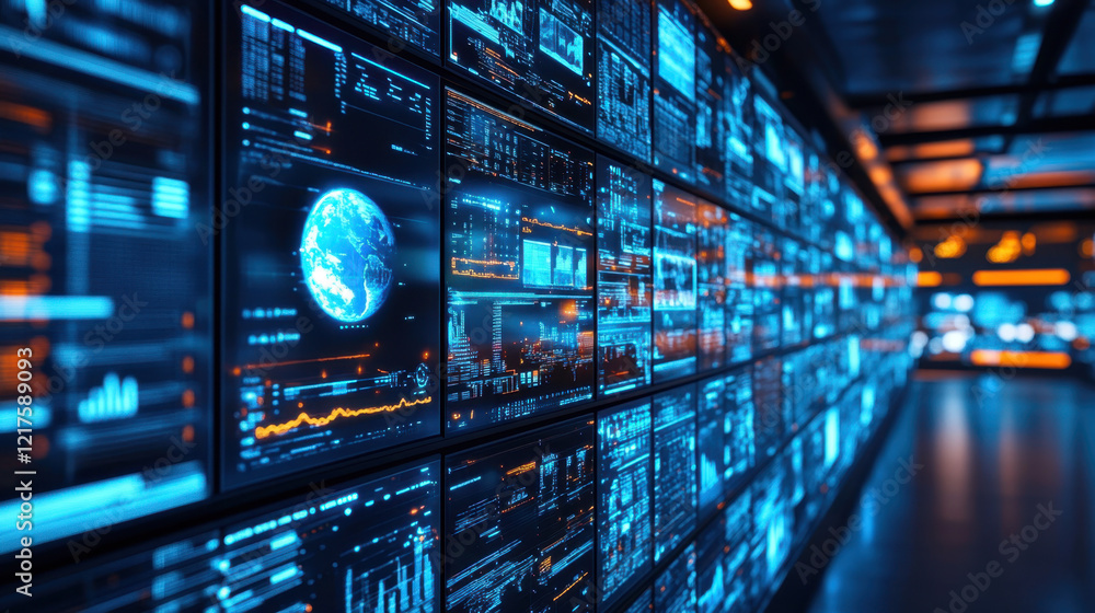 Poster complex information is shown on an extensive wall of screens. the room is filled with cutting-edge t